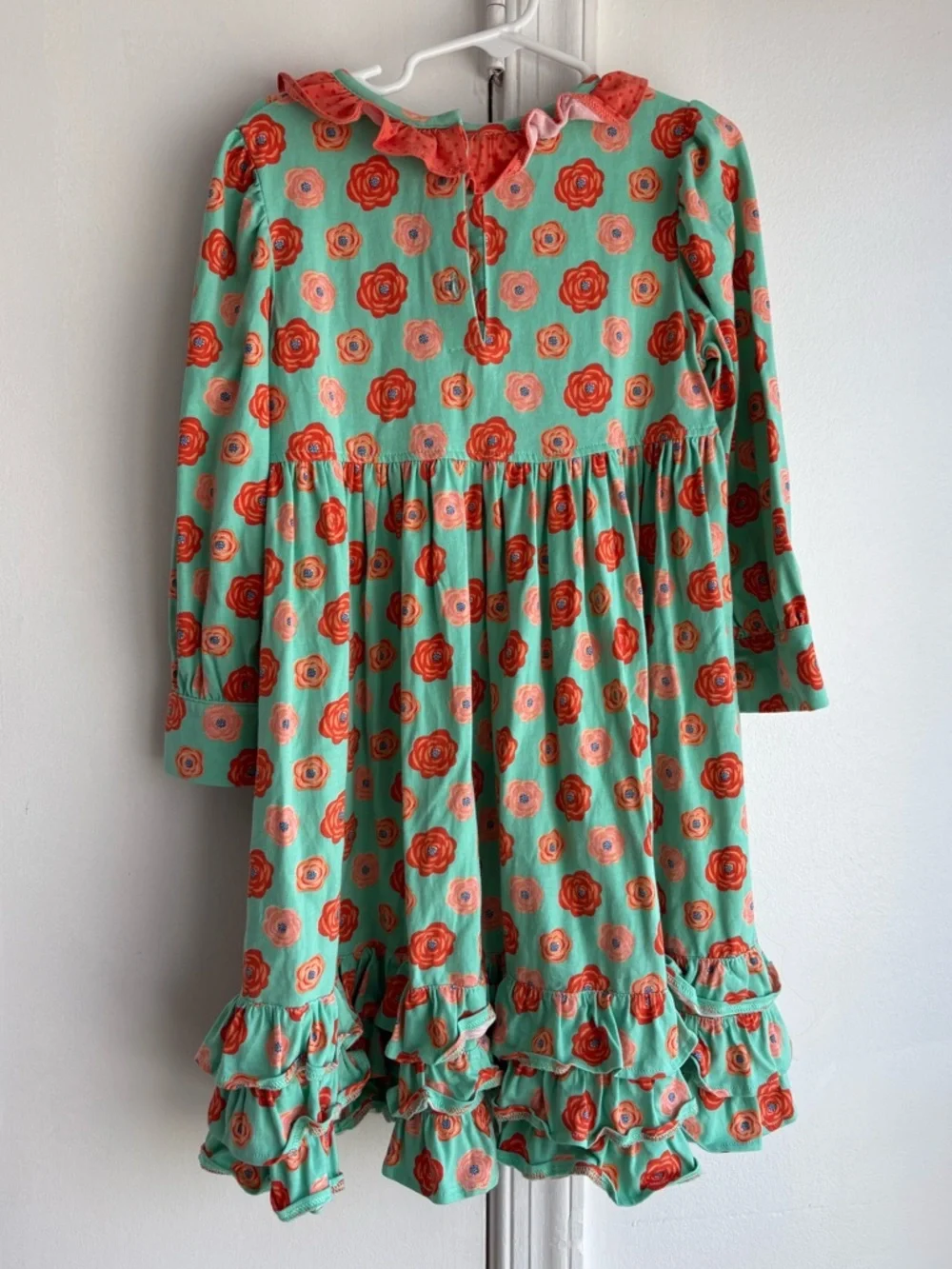 Green Floral Ruffle Hem Long Sleeve Dress with Red Accents
